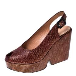 Pre Owned Gianvitto Rossi Golden Brown Lamé Peep Toe Platform Wedge Sandals Size 38.5