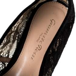 Pre Owned Gianvito Rossi Black Lace And Suede Leather Trim Cork Flats Size 36.5