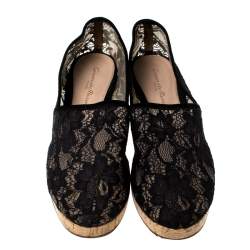Pre Owned Gianvito Rossi Black Lace And Suede Leather Trim Cork Flats Size 36.5