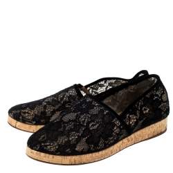 Pre Owned Gianvito Rossi Black Lace And Suede Leather Trim Cork Flats Size 36.5