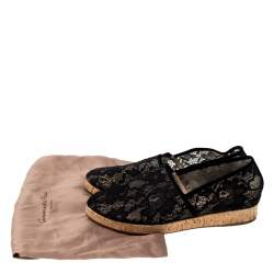 Pre Owned Gianvito Rossi Black Lace And Suede Leather Trim Cork Flats Size 36.5