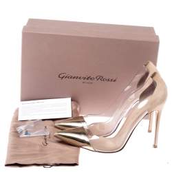 Pre Owned Gianvito Rossi Gold/Beige Leather, Suede and PVC Plexi Pointed Toe Pump Size 39