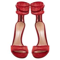 Pre Owned Gianvito Rossi Red Lace And Suede Ankle Strap Sandals Size 38