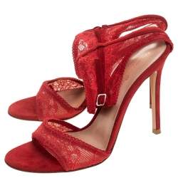 Pre Owned Gianvito Rossi Red Lace And Suede Ankle Strap Sandals Size 38