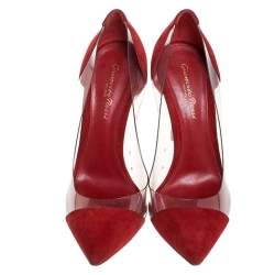 Pre Owned Gianvito Rossi Red Suede And PVC Plexi Pointed Toe Pumps Size 38