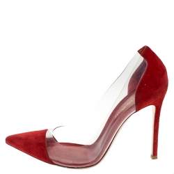 Pre Owned Gianvito Rossi Red Suede And PVC Plexi Pointed Toe Pumps Size 38
