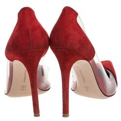 Pre Owned Gianvito Rossi Red Suede And PVC Plexi Pointed Toe Pumps Size 38