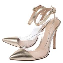 Pre Owned Gianvito Rossi Gold Foil Leather and PVC Plexi Pointed Toe Ankle Strap Sandals Size 38