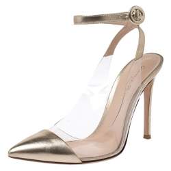 Pre Owned Gianvito Rossi Gold Foil Leather and PVC Plexi Pointed Toe Ankle Strap Sandals Size 38