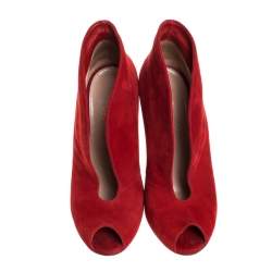 Pre Owned Gianvito Rossi Red Suede Vamp Peep Toe Booties Size 35