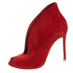 Pre Owned Gianvito Rossi Red Suede Vamp Peep Toe Booties Size 35