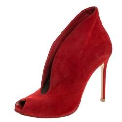Pre Owned Gianvito Rossi Red Suede Vamp Peep Toe Booties Size 35