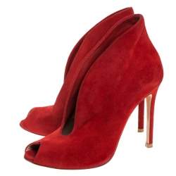 Pre Owned Gianvito Rossi Red Suede Vamp Peep Toe Booties Size 35