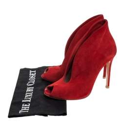 Pre Owned Gianvito Rossi Red Suede Vamp Peep Toe Booties Size 35