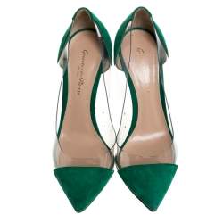 Pre Owned Gianvito Rossi Green Suede and PVC Plexi Pointed Toe Pumps Size 38.5