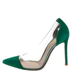Pre Owned Gianvito Rossi Green Suede and PVC Plexi Pointed Toe Pumps Size 38.5