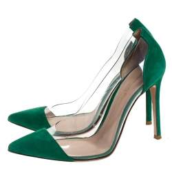 Pre Owned Gianvito Rossi Green Suede and PVC Plexi Pointed Toe Pumps Size 38.5
