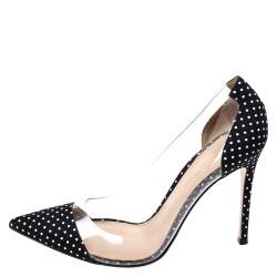 Pre Owned Gianvito Rossi Black Polka Dot Satin And PVC Plexi Pointed Toe Pumps Size 38.5