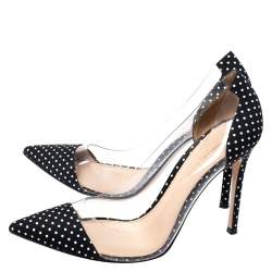 Pre Owned Gianvito Rossi Black Polka Dot Satin And PVC Plexi Pointed Toe Pumps Size 38.5
