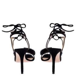 Pre Owned Gianvito Rossi Black Suede And Mink Trim Zelda Ankle Wrap Sandals Size 38