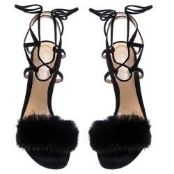 Pre Owned Gianvito Rossi Black Suede And Mink Trim Zelda Ankle Wrap Sandals Size 38