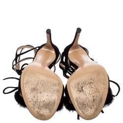 Pre Owned Gianvito Rossi Black Suede And Mink Trim Zelda Ankle Wrap Sandals Size 38