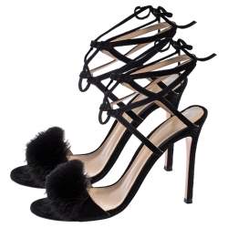 Pre Owned Gianvito Rossi Black Suede And Mink Trim Zelda Ankle Wrap Sandals Size 38