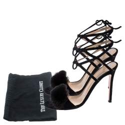 Pre Owned Gianvito Rossi Black Suede And Mink Trim Zelda Ankle Wrap Sandals Size 38