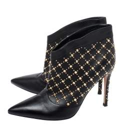 Pre Owned Gianvito Rossi Black Leather Studded Ankle Boots Size 37.5