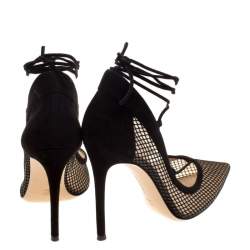Pre Owned Gianvito Rossi Black Suede And Mesh Lace Up Pointed Toe Pumps Size 38.5
