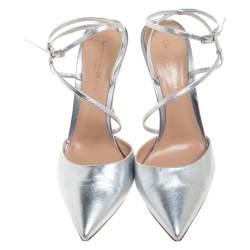 Pre Owned Gianvito Rossi Silver Leather Pointed Toe Ankle Strap Sandals Size 39