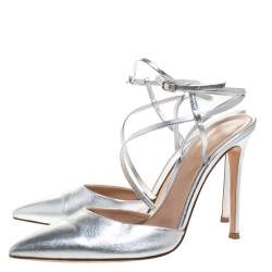 Pre Owned Gianvito Rossi Silver Leather Pointed Toe Ankle Strap Sandals Size 39