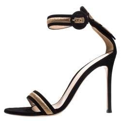 Pre Owned Gianvito Rossi Black Emboidered Suede Portofino Ankle Strap Open Toe Sandals Size 37