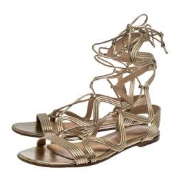 Gianvito Rossi Metallic Gold Leather Gladiator Ankle Length Flat Sandals Size 35.5