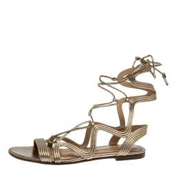 Gianvito Rossi Metallic Gold Leather Gladiator Ankle Length Flat Sandals Size 35.5