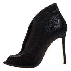 Pre Owned Gianvito Rossi Black Glitter Suede Vamp Peep Toe Booties Size 38