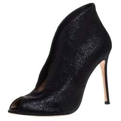 Pre Owned Gianvito Rossi Black Glitter Suede Vamp Peep Toe Booties Size 38