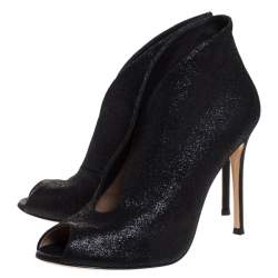 Pre Owned Gianvito Rossi Black Glitter Suede Vamp Peep Toe Booties Size 38