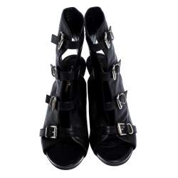 Pre Owned Gianvito Rossi Black Leather Open Toe Cut Out Ankle Booties Size 38