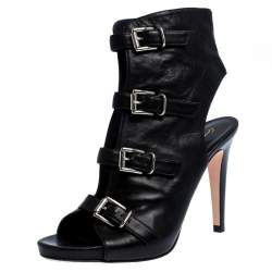 Pre Owned Gianvito Rossi Black Leather Open Toe Cut Out Ankle Booties Size 38