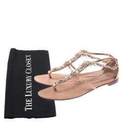 Pre Owned Gianvito Rossi Beige Satin Beaded Thong Ankle Strap Flats Size 38.5