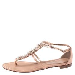 Pre Owned Gianvito Rossi Beige Satin Beaded Thong Ankle Strap Flats Size 38.5