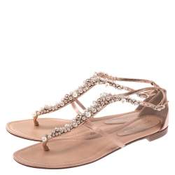Pre Owned Gianvito Rossi Beige Satin Beaded Thong Ankle Strap Flats Size 38.5