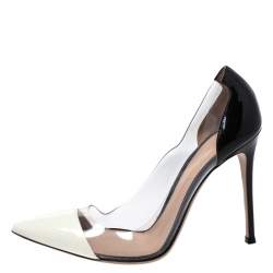 Pre Owned Gianvito Rossi Black/White Patent Leather and  PVC Plexi Pointed Toe Pump Size 40