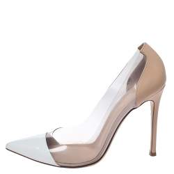 Pre Owned Gianvito Rossi White/Beige Leather And PVC Plexi Pointed Toe Pumps Size 38