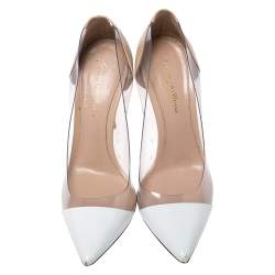 Pre Owned Gianvito Rossi White/Beige Leather And PVC Plexi Pointed Toe Pumps Size 38