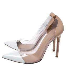 Pre Owned Gianvito Rossi White/Beige Leather And PVC Plexi Pointed Toe Pumps Size 38
