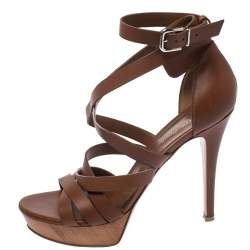Pre Owned Gianvito Rossi Brown Leather Strappy Platform Ankle Strap Sandals Size 41