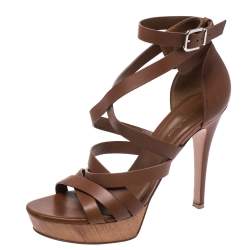 Pre Owned Gianvito Rossi Brown Leather Strappy Platform Ankle Strap Sandals Size 41