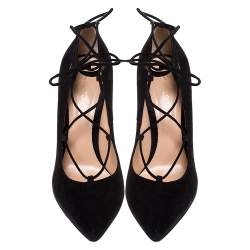Pre Owned Gianvito Rossi Black Suede Femi Lace up Pointed Toe Pumps Size 39.5